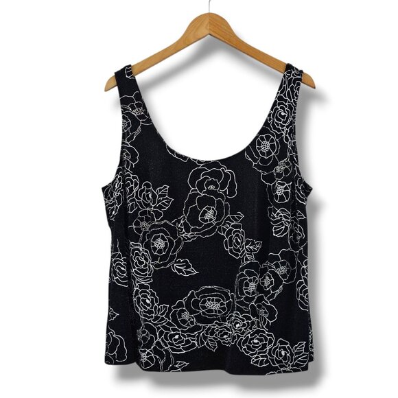 Alex Evenings Floral Metallic Tank Top 1X Black Silver Dressy Event Whimsigoth - Picture 1 of 9